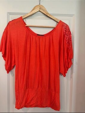 I.N. San Francisco Coral-Orange Lace Shoulder Tunic